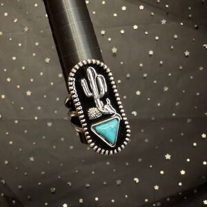 Cactus Statement Ring Size 8.25, Turquoise Color Stone Black Silver Tone Western